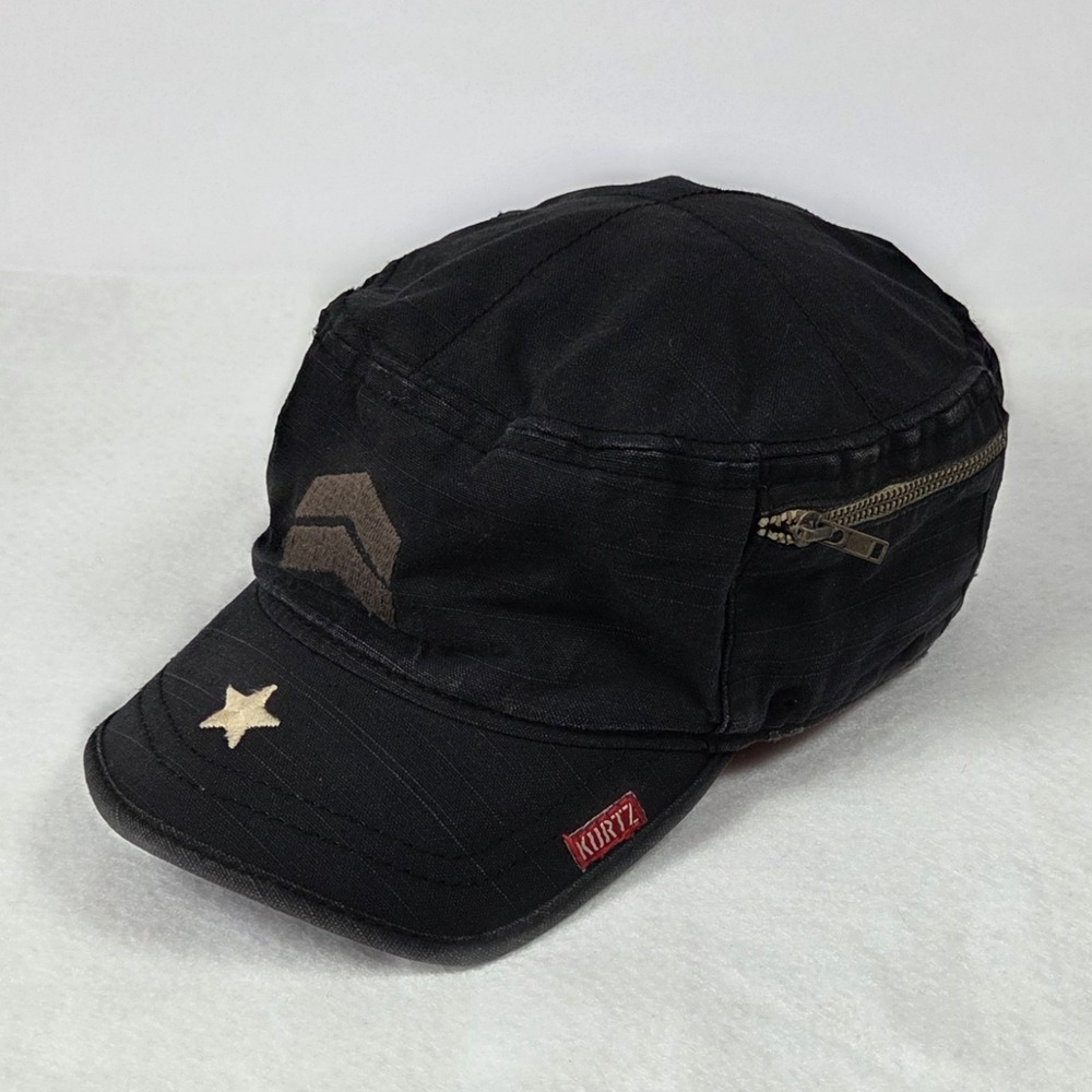 Vtg Y2K A Kurtz Cadet Hat Fritz Military Cap Black Distressed Star Chevron M